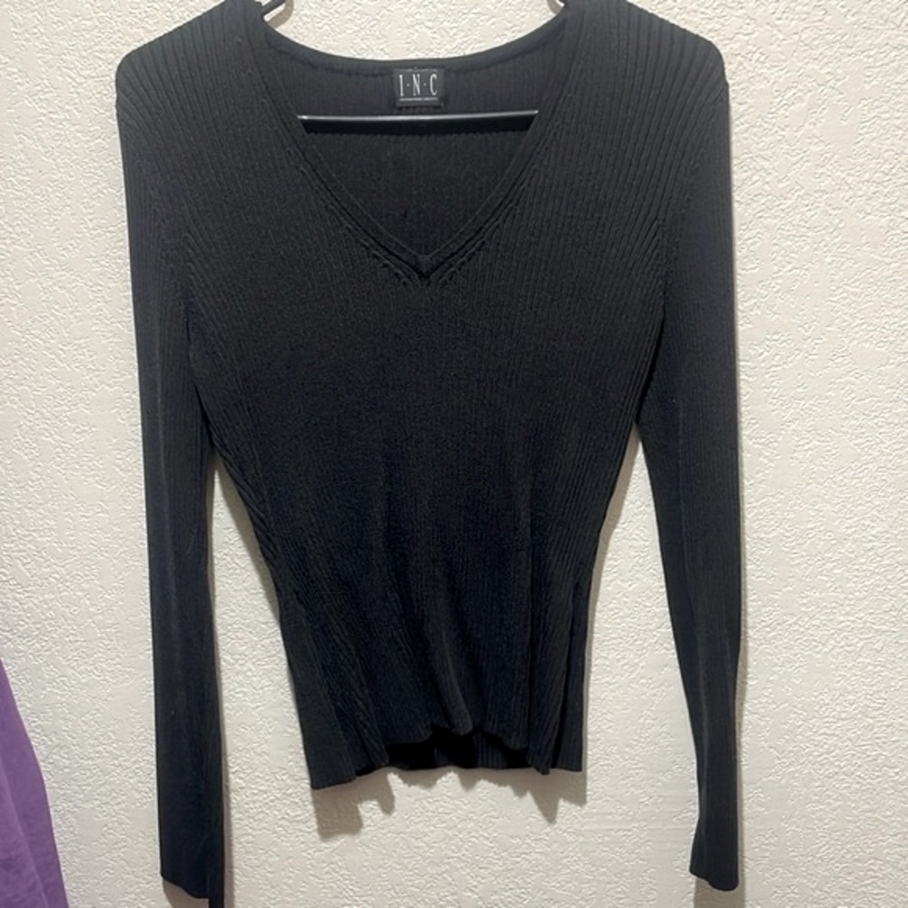 INC International Concepts Black V-Neck Ribbed Long Sleeve Top
